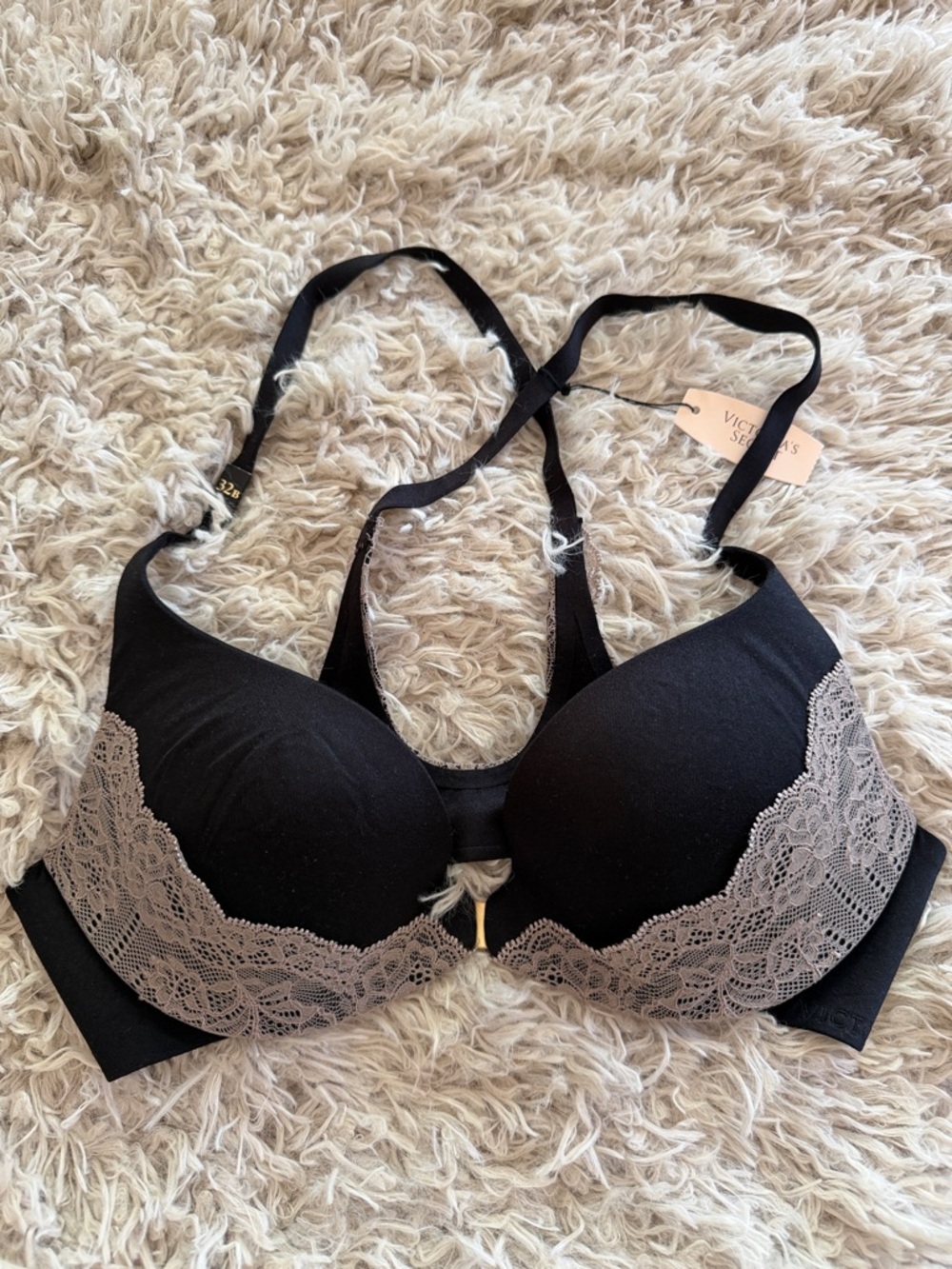 Victoria's Secret Black Gray Lace Push-Up Bra with Gray Lace Trim 32B